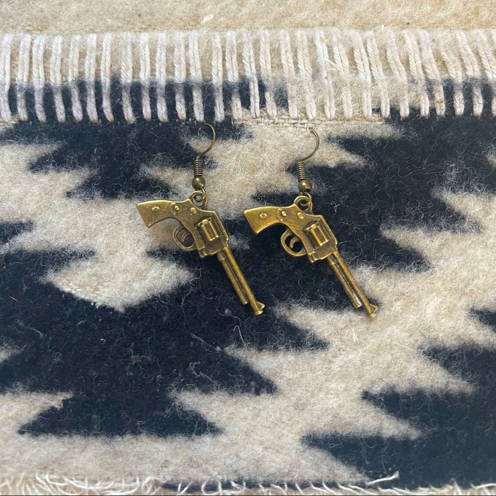 Bronze Western Revolver Pistol Charm Earrings